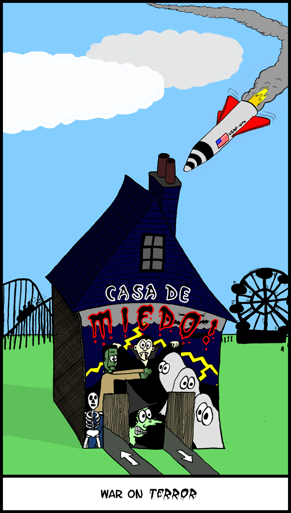 It translates to 'House of Fright' (at least I hope it does, I can't afford to accidently provoke another international incident)